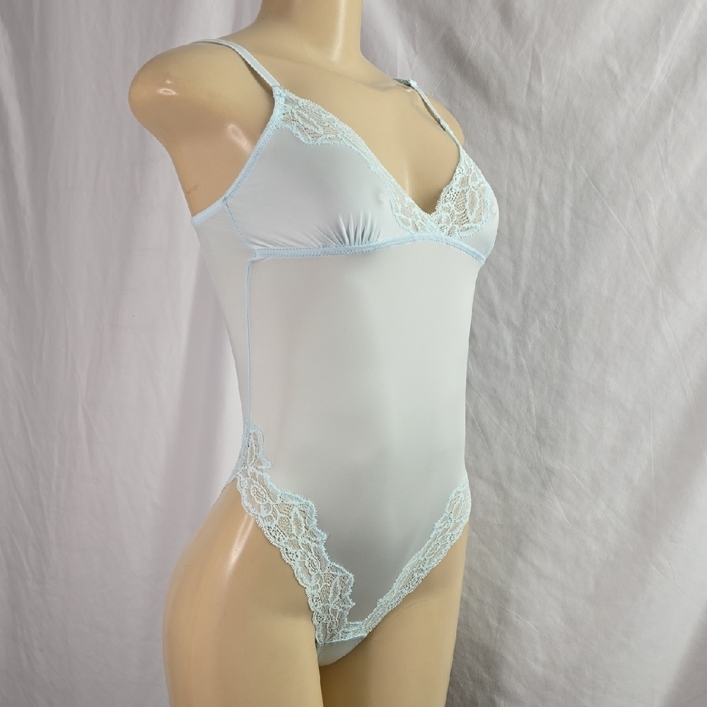 Elegant Lace Trimmed Light Blue Bodysuit